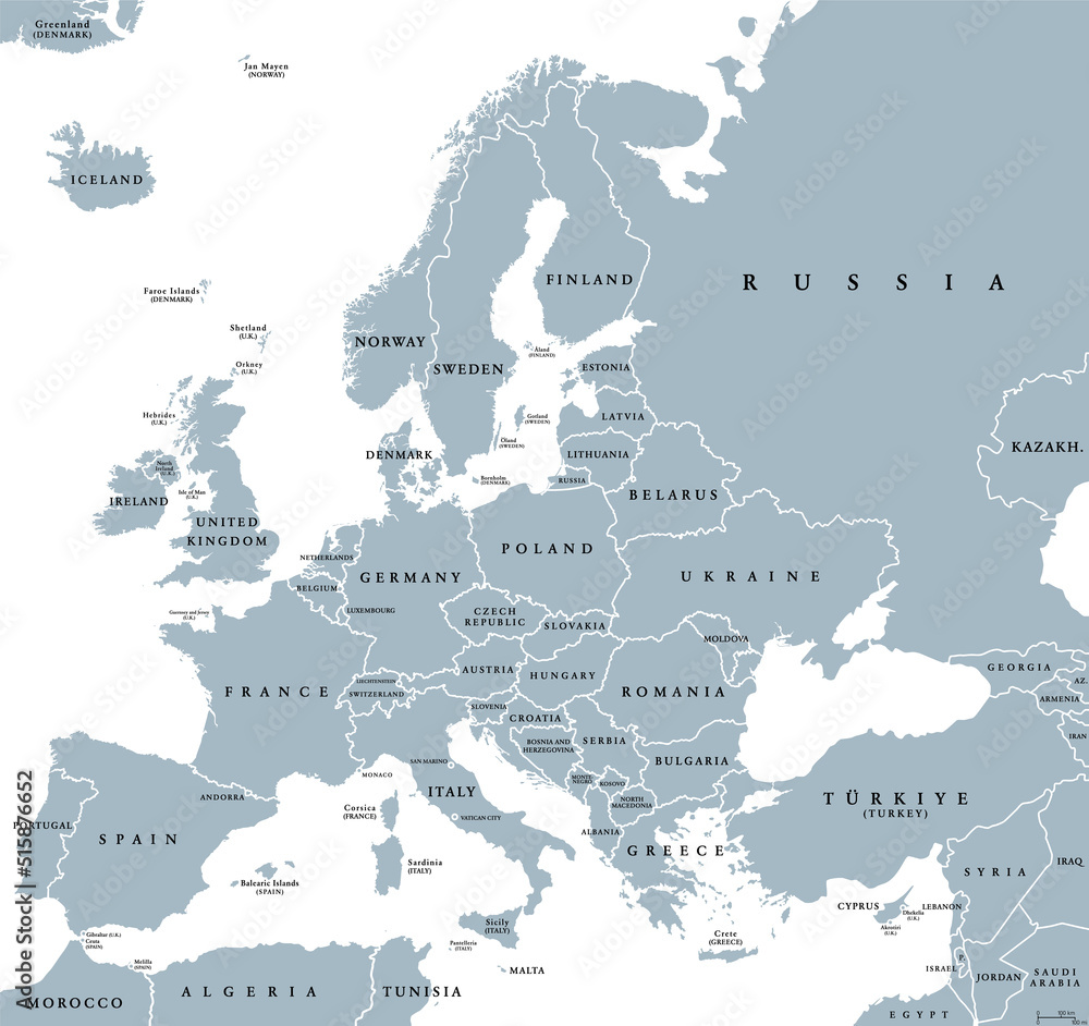 Europe with a part of the Middle East, gray political map. Western part of  the continent Eurasia, located in the Northern Hemisphere. Countries with  international borders and English labeling. Vector Stock Vector |, image size:1000x942