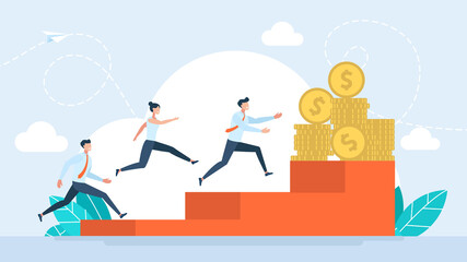 Money is the motivation. Cash reward for achievements. Career development or wealth management concept. Pay raise salary increase, wages or income growth. Flat business style. Illustration.