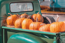 Pumpkins On The Back Of An Old Classic Truck