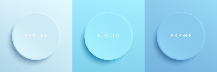 Wall Mural - Set of pastel blue and white soft 3D circles round board frame design. Collection of geometric backdrop for cosmetic product display. Top view of pedestal or podium with copy space. Vector EPS10
