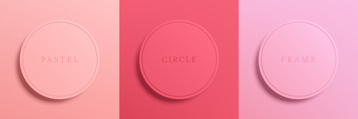 Wall Mural - Set of pastel coral pink and red 3D round circle shape board frame. Collection of geometric backdrop for cosmetic product display. design. Top view of pedestal or podium design. Vector illustration.