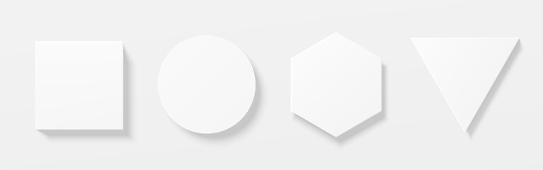 Wall Mural - Set of white 3D round circle, square, hexagon and triangle shape board frame. Collection of isolated geometric scene for mockup product display. Top view of pedestal or podium design. Vector EPS10.