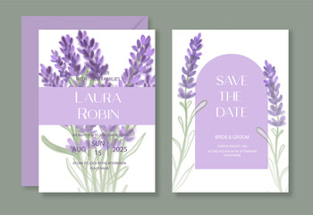 Wall Mural - Botanical wedding invitation template set with watercolor lavander and arch for party, greeting card.