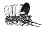 Fototapeta  - Covered wagon hand drawn sketch vector. Wild West concept. Vintage transport in style of old engraving