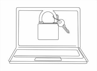 Wall Mural - continuous one single line drawing of laptop and padlock with keys on screen as business concept of cyber security