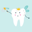 Cute funny character white tooth fairy with blue wings in a crown and a magic wand in blue isolated background. Vector flat medicine cartoon character for children design