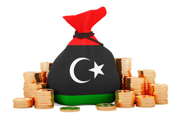 Wall Mural - Money bag with Libyan flag and golden coins around, 3D rendering