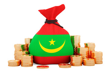 Wall Mural - Money bag with Mauritanian flag and golden coins around, 3D rendering