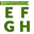 Grass letters E, F, G, H set alphabet 3D design. Capital letter text. Green font isolated white background, shadow. Symbol eco nature environment, save the planet. Detailed meadow Vector illustration