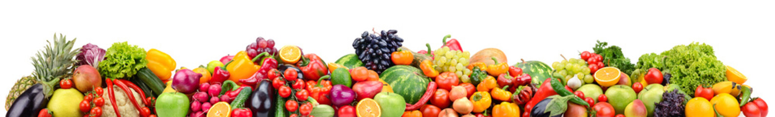 Bright berries, fruits and vegetables isolated on white