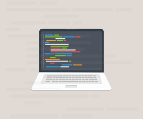 Computer software with programming coding text application window on laptop screen logo design. Big data processing, computing isometric vector design and illustration.
