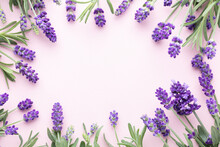 Flowers Composition, Frame Made Of Lavender Flowers On Pastel Background.