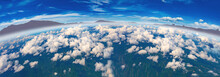 Vista Panoramica Del Cielo. Cielo Azul Claro Y Nubes Blancas, Panorama De Nubes Desde Arriba, Vista Desde El Avión.