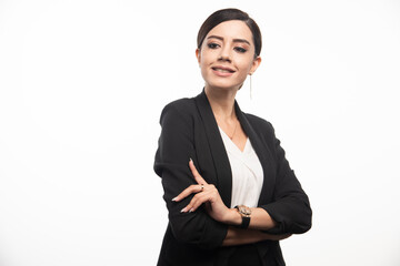 Sticker - Happy businesswoman posing on white background