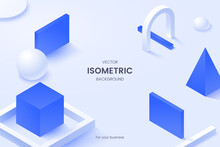 Abstract Isometric Background With White And Blue Geometric Shapes And Place For Text. Composition With Simple Matte 3d Shapes. Ideal For Poster, Presentation, Banner, Web Page. Vector Illustration