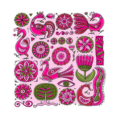 Poster - Magic birds and flowers,vintage background for your design