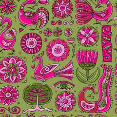 Poster - Magic birds and flowers. Vintage seamless pattern background for your design
