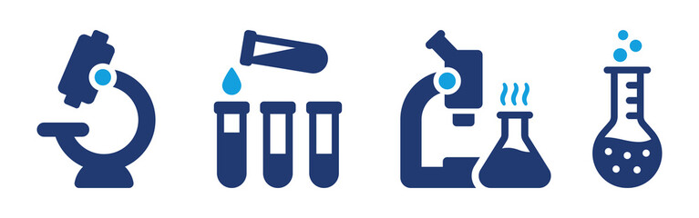 Wall Mural - chemistry and laboratory research vector icon set with microscope, test tube and flask symbol illust