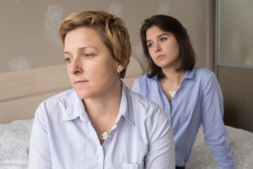 Portrait of mother and daughter dressed in blue shirts in a bright room