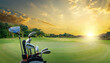 The Golf club bag for golfer training and play in game with golf course background , green tree sun rays.	
