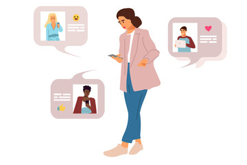 Poster - People using phone. Internet communication. Web messenger. Female character with smartphone. Network conversation. Lady holding mobile. Video call. Vector man and woman chatting online