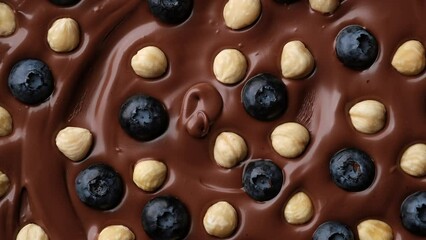 Wall Mural - Chocolate with hazelnuts and blueberry top view, rotate. Process making chocolate
