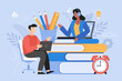 Distance learning; online business education concept.  Student with books and teacher on computer screen. Vector illustration