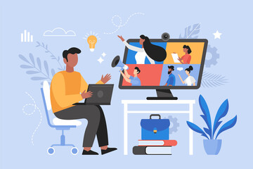 Wall Mural - Online business meeting, and video conference concept.  Businessman working at home. Teamwork thinking and brainstorming vector illustration