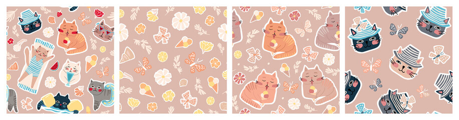 Set of seamless vector patterns of different cats, leaves, flowers. Summer simple light illustration.