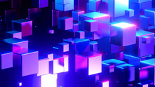 Abstract Technology Background With 3D Cubes In Space, Purple Blue Neon Glowing Cubes On Black, 3D Render Illustration.
