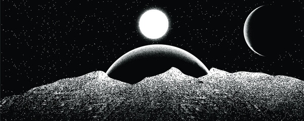 Wall Mural - star and planet in space. futuristic landscape, with noise texture . night landscape with starry sky