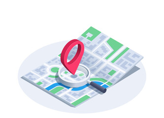 isometric vector illustration isolated on white background, city map with magnifying glass and red location icon, app for navigation or address search online