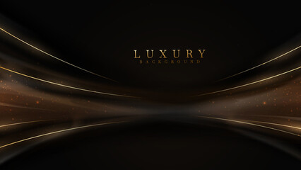 Black luxury background with golden line elements and curve light effect decoration and bokeh.