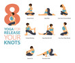 8 Yoga poses or asana posture for workout in release knots concept. Women exercising for body stretching. Fitness infographic. Flat cartoon vector