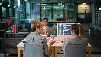 Team of young professionals brainstorming and working in software development office