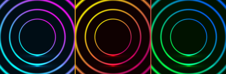 Wall Mural - Set of colorful glowing neon lighting circles frame design pattern retro style on dark background