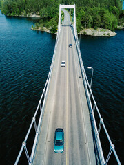 Poster - Aerial view of modern suspension bridge with car or truck over the blue lake water in Finland