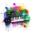 colorful music background with synthesizer, top view