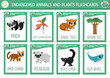 Vector flash cards set with extinct animals. Ecological English language game with whale, panda, leopard. Eco awareness flashcards for children. Simple educational printable worksheet..