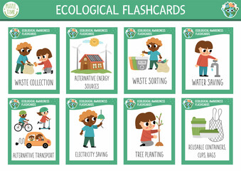 Wall Mural - Vector flash cards set with kids caring of environment. Ecological English language game. Eco awareness flashcards for children. Simple educational printable worksheet..