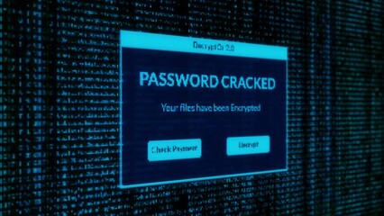 Password Cracked warning and check payment for decrypt system files concept with binary code background
