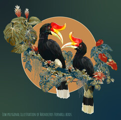 Wall Mural - Low polygonal illustration of Rhinoceros Hornbill birds.