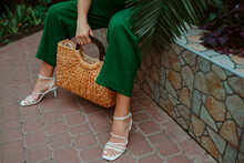 Trendy Summer Straw Wicker Top Handle Bag, White Strap Sandals In Stylish Female Outfit. Fashion Details. Copy, Empty Space For Text