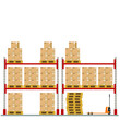 Metal racks for a warehouse with boxes on pallets. Flat design, front view. Vector illustration.
 Boxes on wooded pallet illustration, flat style warehouse cardboard parcel boxes stack front view imag