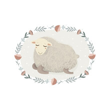 A Cheerful Little Lamb Lies With Closed Eyes And Dozes. Happy Face And Fluffy Fur. Character In Cartoon Style. Oval Background. Frame Of Flowers, Border. Vector Illustration. Print Design For Nursery.