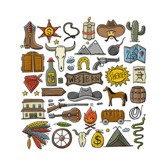 Wall Mural - Wild Western. Adventure Background. Icons collection for your design