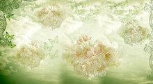 Romantic Abstract Floral Background With Flowers, Butterflies, Cloudy Sky And Frame In Vintage Colors