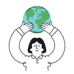 Happy woman holding in hands earth planet. Ecology, environment protection, save planet. Outline, linear, thin line, doodle art. Simple style with editable stroke.