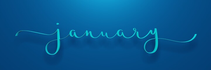 3D render of JANUARY brush calligraphy banner on dark blue background