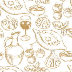 vector seamless pattern with Georgian food. Dishes of Georgian cuisine, graphic drawing, sektch. wine, khachapuri and khinkali